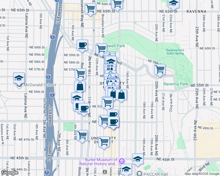 map of restaurants, bars, coffee shops, grocery stores, and more near 5263 University Way Northeast in Seattle