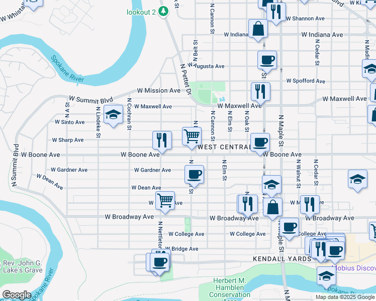 map of restaurants, bars, coffee shops, grocery stores, and more near 2117 West Sharp Avenue in Spokane