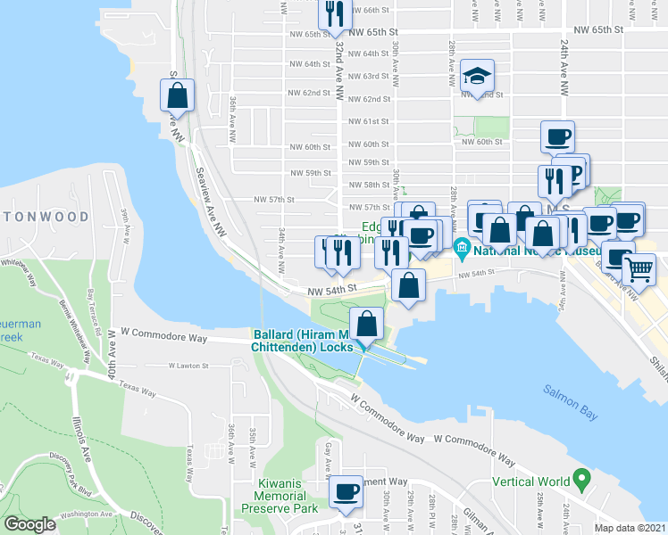 map of restaurants, bars, coffee shops, grocery stores, and more near 5429 32nd Ave NW in Seattle