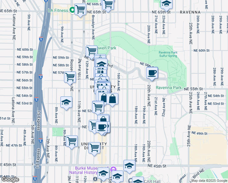 map of restaurants, bars, coffee shops, grocery stores, and more near 1505 Northeast 55th Street in Seattle
