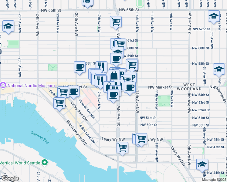 map of restaurants, bars, coffee shops, grocery stores, and more near 5409 15th Avenue Northwest in Seattle