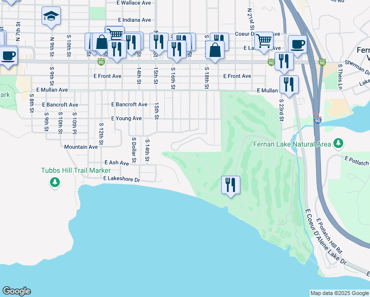 map of restaurants, bars, coffee shops, grocery stores, and more near 2320 Towerpointe Drive in Coeur d'Alene