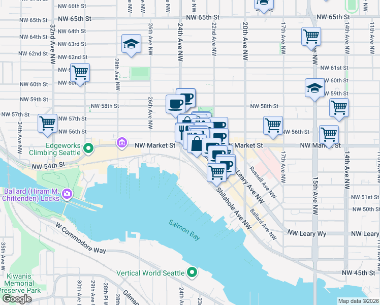 map of restaurants, bars, coffee shops, grocery stores, and more near 2305 Northwest Market Street in Seattle