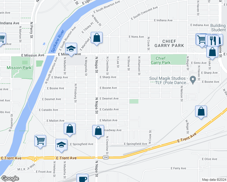 map of restaurants, bars, coffee shops, grocery stores, and more near 2118 East Boone Avenue in Spokane