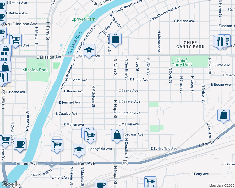 map of restaurants, bars, coffee shops, grocery stores, and more near 2002 East Boone Avenue in Spokane