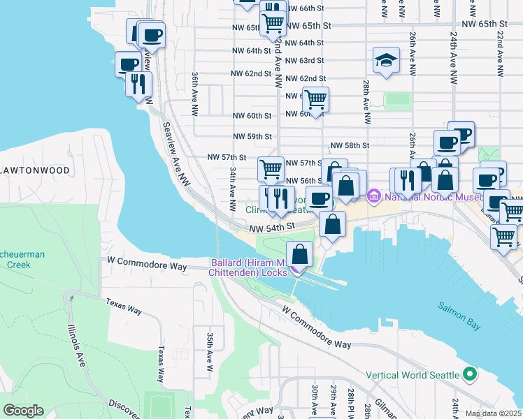 map of restaurants, bars, coffee shops, grocery stores, and more near 3223 Northwest Market Street in Seattle