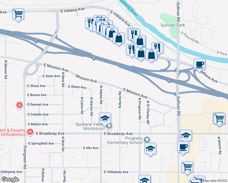 map of restaurants, bars, coffee shops, grocery stores, and more near 1218 North Marcus Road in Spokane Valley