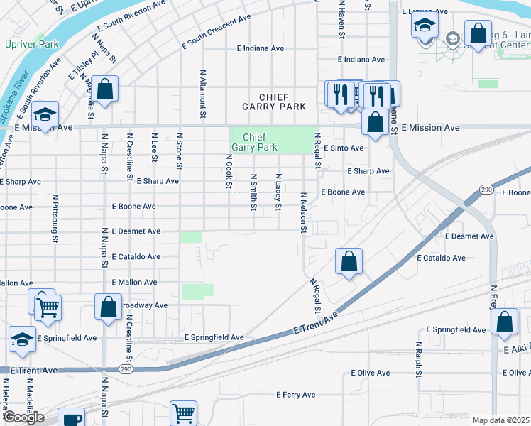 map of restaurants, bars, coffee shops, grocery stores, and more near 2604 East Boone Avenue in Spokane
