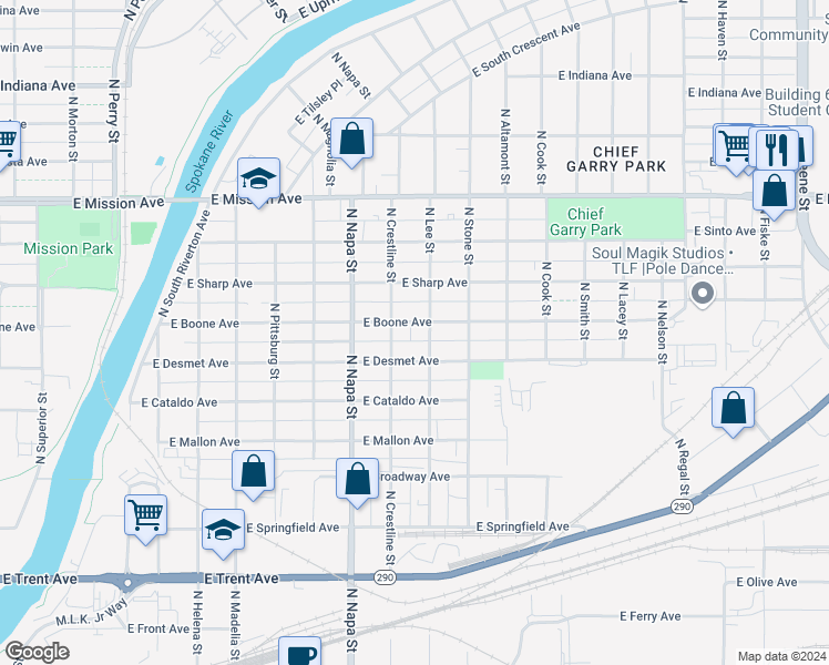 map of restaurants, bars, coffee shops, grocery stores, and more near 2102 East Boone Avenue in Spokane