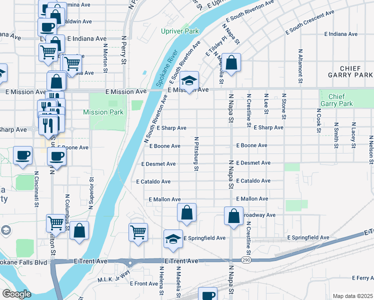 map of restaurants, bars, coffee shops, grocery stores, and more near 1703 East Boone Avenue in Spokane