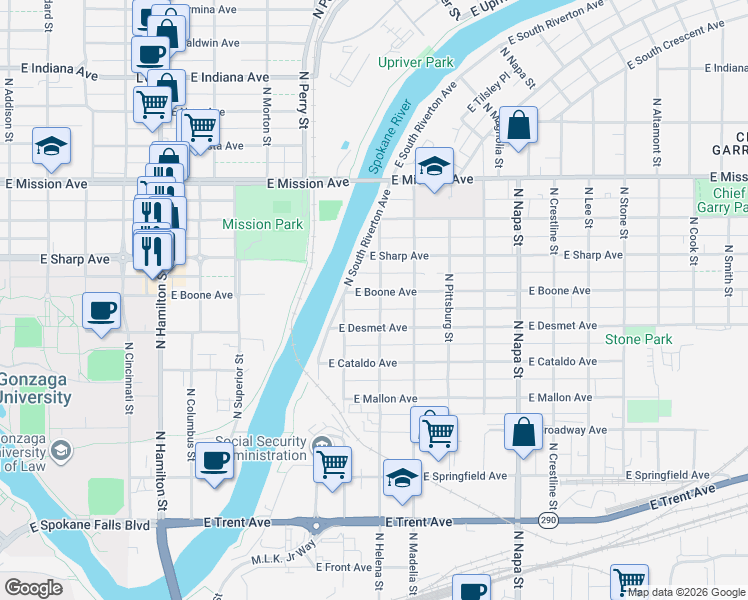 map of restaurants, bars, coffee shops, grocery stores, and more near 1204 North Helena Street in Spokane
