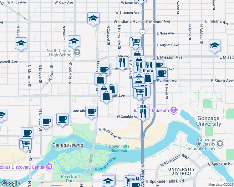 map of restaurants, bars, coffee shops, grocery stores, and more near 124 West Boone Avenue in Spokane