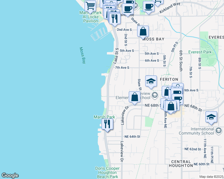 map of restaurants, bars, coffee shops, grocery stores, and more near 832 Lake Street South in Kirkland