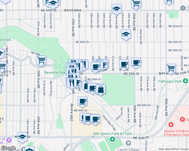 map of restaurants, bars, coffee shops, grocery stores, and more near 2817 Northeast 55th Street in Seattle