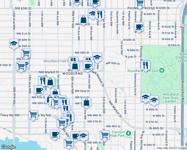 map of restaurants, bars, coffee shops, grocery stores, and more near in Seattle