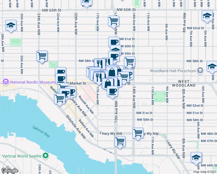 map of restaurants, bars, coffee shops, grocery stores, and more near 1512 Northwest Market Street in Seattle