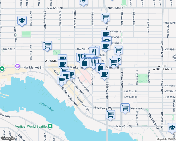 map of restaurants, bars, coffee shops, grocery stores, and more near 1716 Northwest Market Street in Seattle