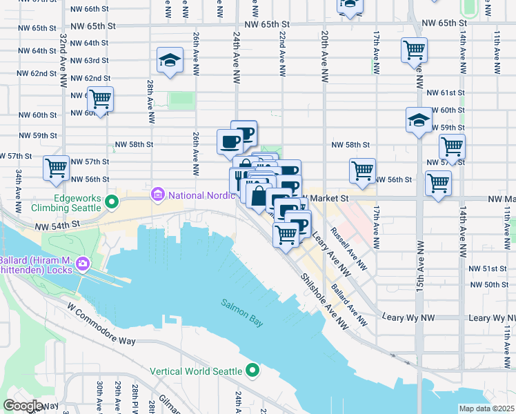map of restaurants, bars, coffee shops, grocery stores, and more near 2305 Northwest Market Street in Seattle