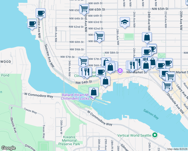map of restaurants, bars, coffee shops, grocery stores, and more near 3037 Northwest Market Street in Seattle