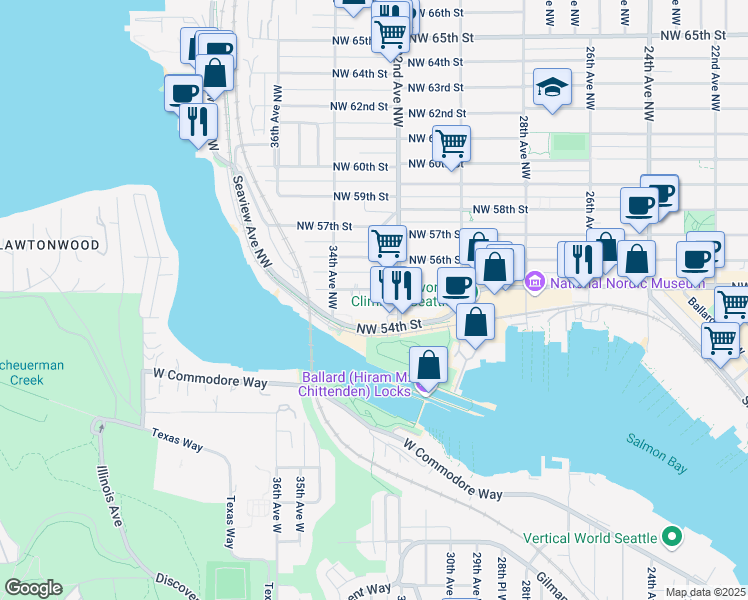 map of restaurants, bars, coffee shops, grocery stores, and more near 3222 Northwest 54th Street in Seattle