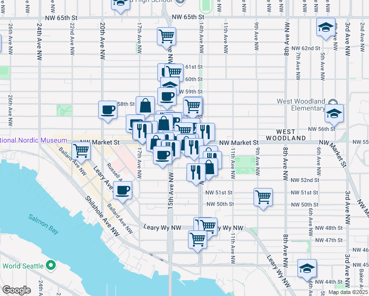 map of restaurants, bars, coffee shops, grocery stores, and more near 1423 Northwest Market Street in Seattle