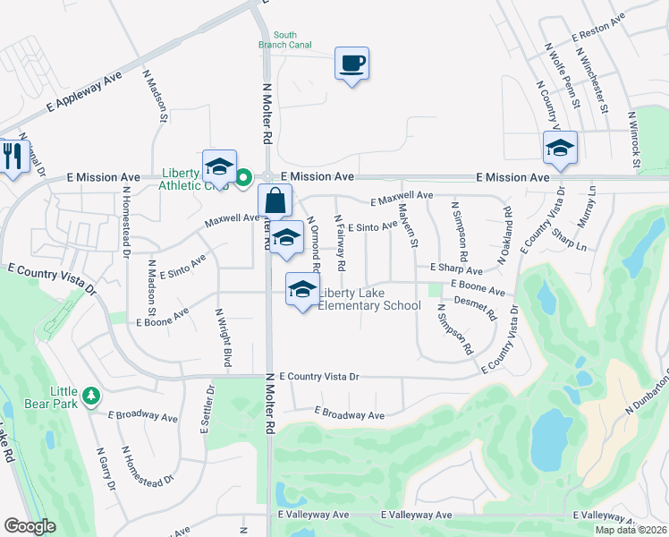 map of restaurants, bars, coffee shops, grocery stores, and more near 1216 North Ormond Road in Liberty Lake