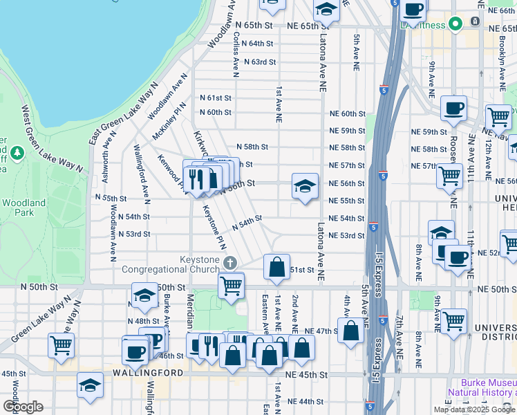 map of restaurants, bars, coffee shops, grocery stores, and more near 2311 North 55th Street in Seattle