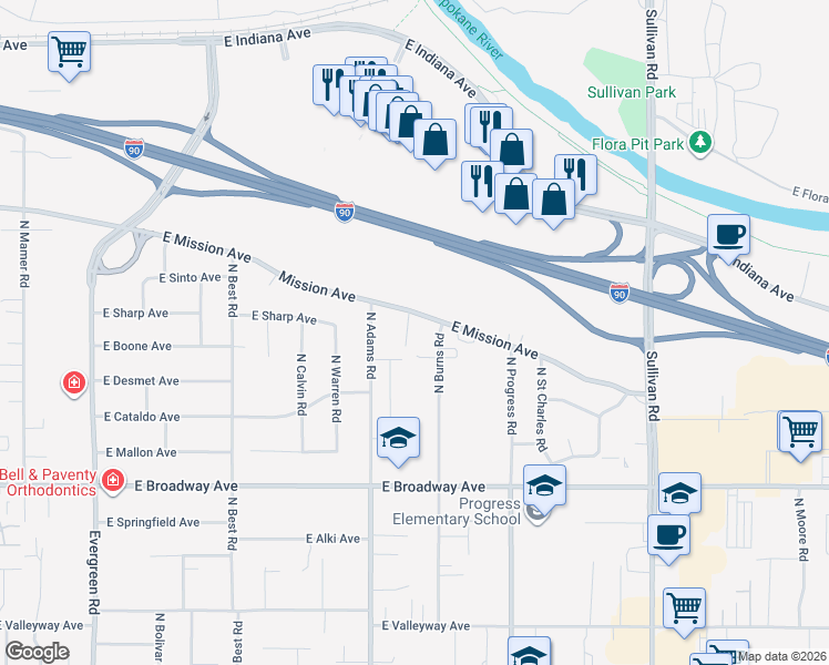 map of restaurants, bars, coffee shops, grocery stores, and more near 1214 North Marcus Road in Spokane Valley