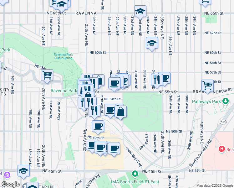 map of restaurants, bars, coffee shops, grocery stores, and more near 2817 NE 55th St in Seattle