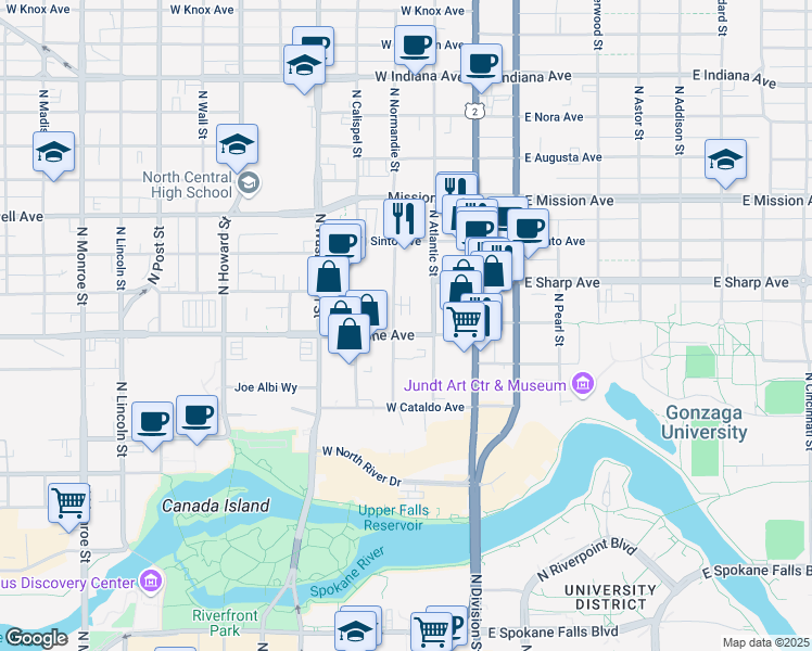 map of restaurants, bars, coffee shops, grocery stores, and more near 124 West Boone Avenue in Spokane
