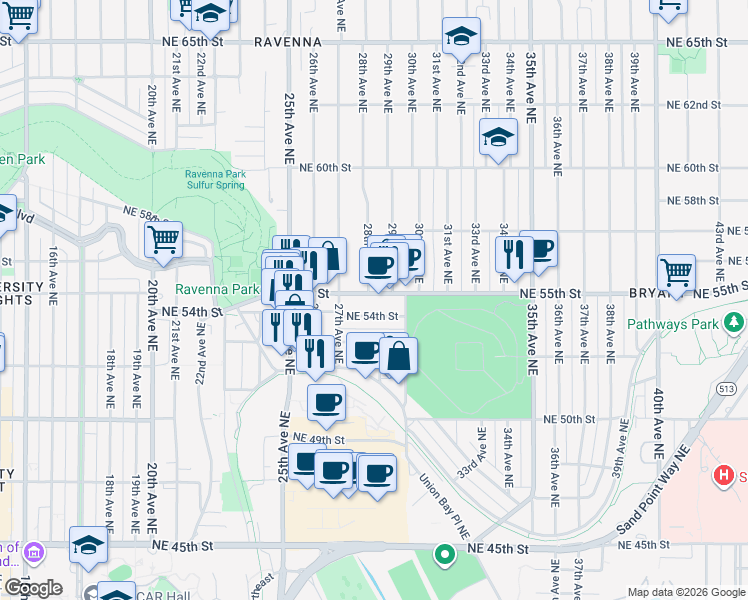 map of restaurants, bars, coffee shops, grocery stores, and more near 2817 Northeast 55th Street in Seattle