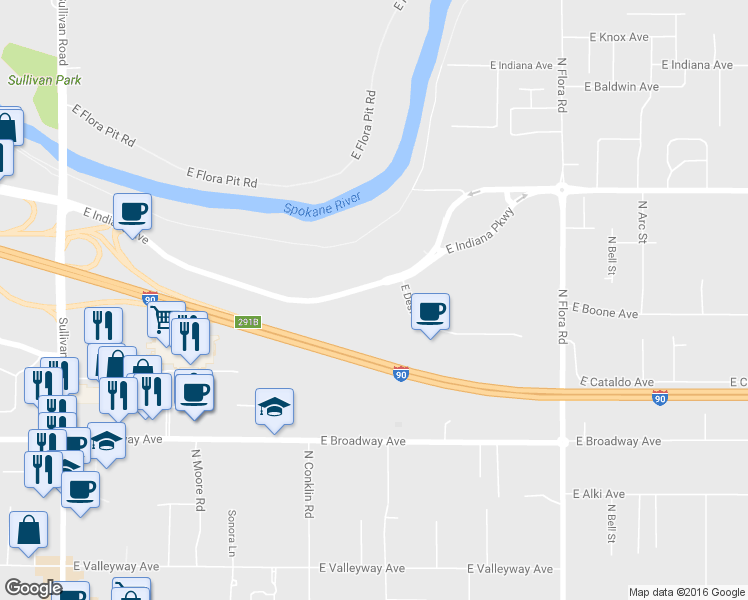 map of restaurants, bars, coffee shops, grocery stores, and more near 16424 East Indiana Avenue in Spokane Valley