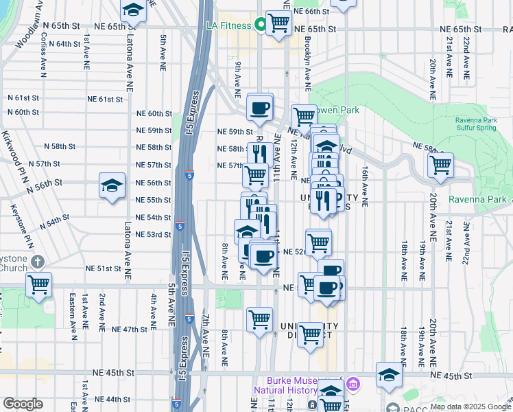 map of restaurants, bars, coffee shops, grocery stores, and more near in Seattle