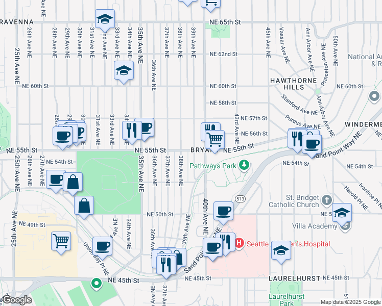 map of restaurants, bars, coffee shops, grocery stores, and more near 5257 39th Avenue Northeast in Seattle