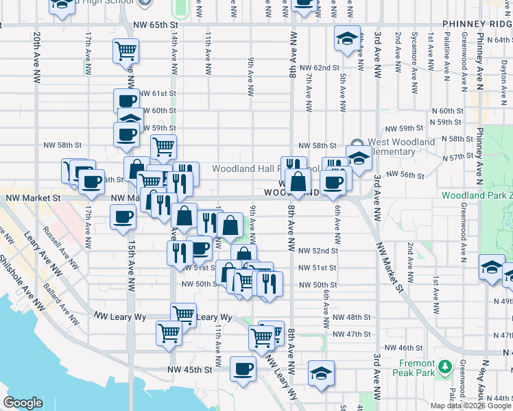 map of restaurants, bars, coffee shops, grocery stores, and more near 849 Northwest Market Street in Seattle