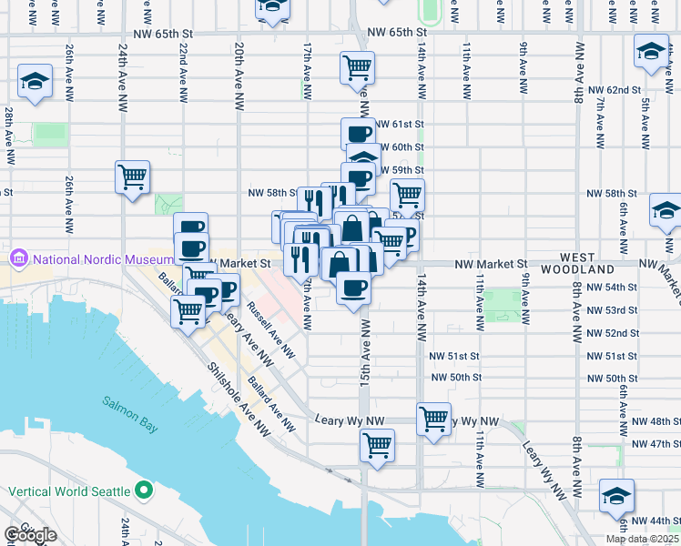 map of restaurants, bars, coffee shops, grocery stores, and more near 1521 Northwest Market Street in Seattle