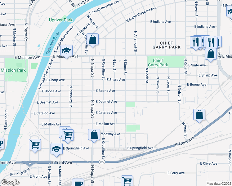 map of restaurants, bars, coffee shops, grocery stores, and more near 2200 East Boone Avenue in Spokane