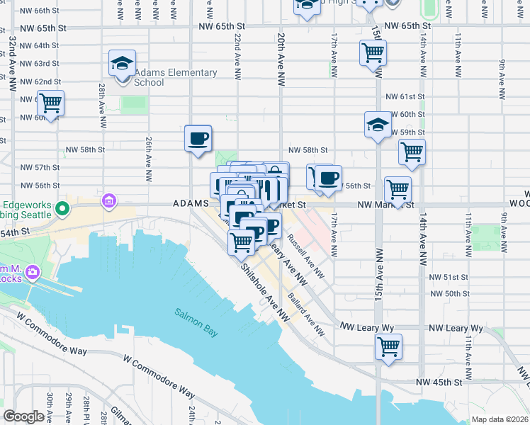 map of restaurants, bars, coffee shops, grocery stores, and more near 5425 Russell Avenue Northwest in Seattle