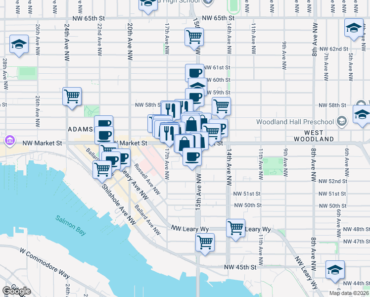 map of restaurants, bars, coffee shops, grocery stores, and more near 1521 Northwest Market Street in Seattle