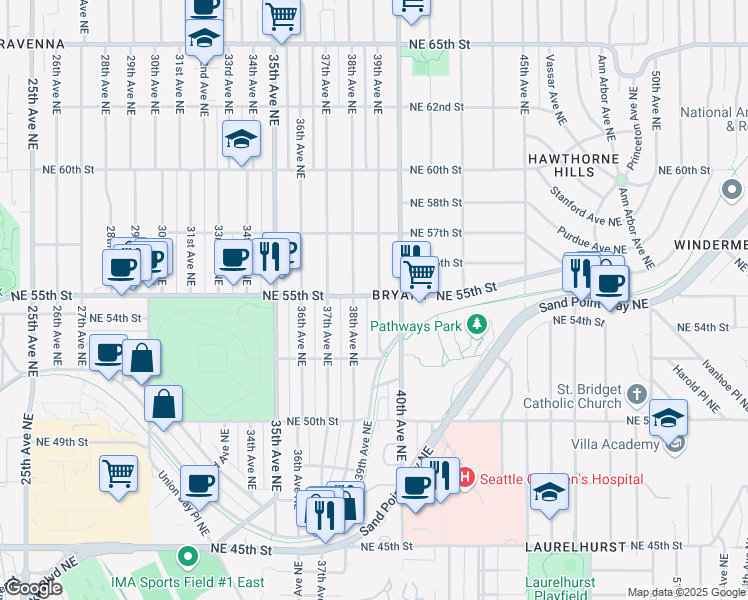 map of restaurants, bars, coffee shops, grocery stores, and more near 5257 39th Avenue Northeast in Seattle