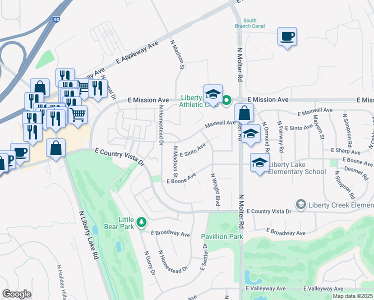 map of restaurants, bars, coffee shops, grocery stores, and more near 23106 Maxwell Avenue in Liberty Lake