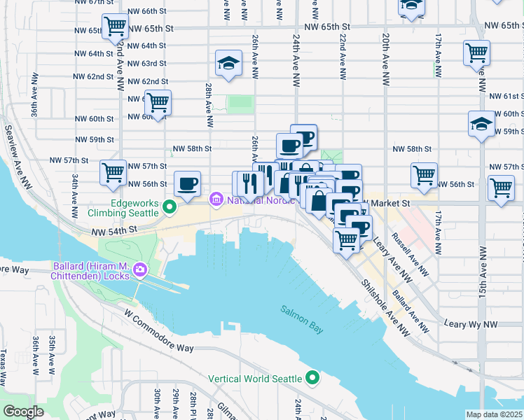 map of restaurants, bars, coffee shops, grocery stores, and more near 2501 Northwest Market Street in Seattle
