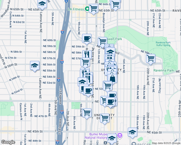 map of restaurants, bars, coffee shops, grocery stores, and more near in Seattle