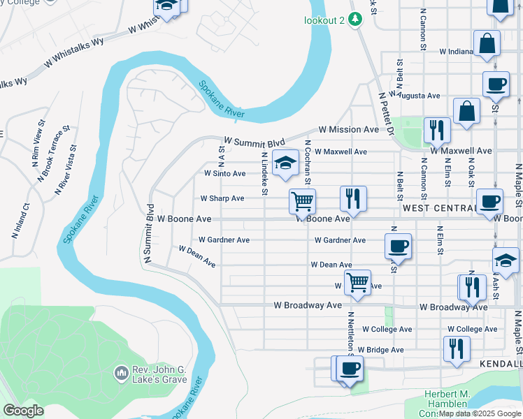map of restaurants, bars, coffee shops, grocery stores, and more near 1201 North Lindeke Street in Spokane