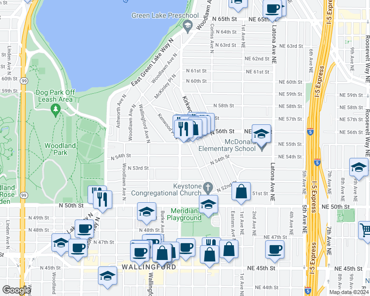map of restaurants, bars, coffee shops, grocery stores, and more near 2105 North 55th Street in Seattle
