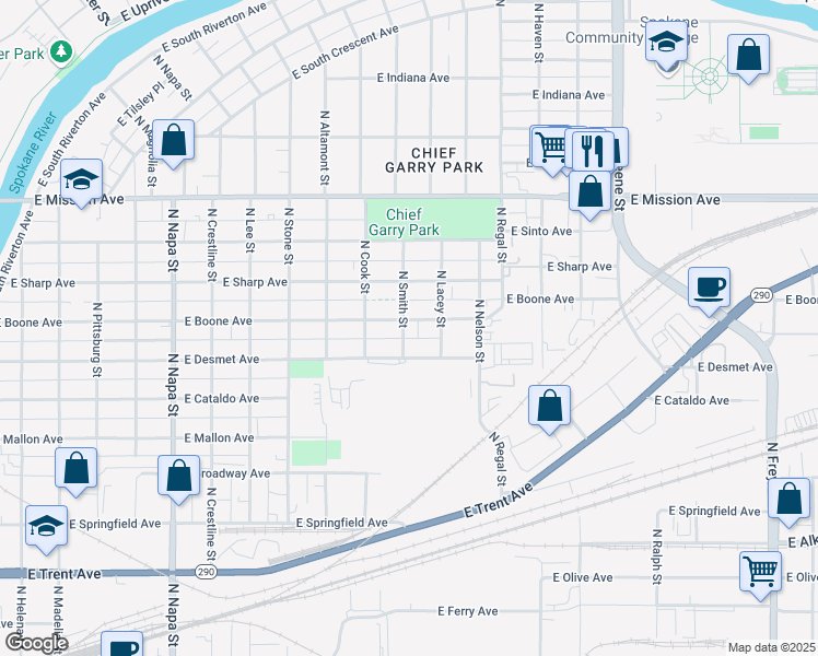 map of restaurants, bars, coffee shops, grocery stores, and more near 2604 East Boone Avenue in Spokane