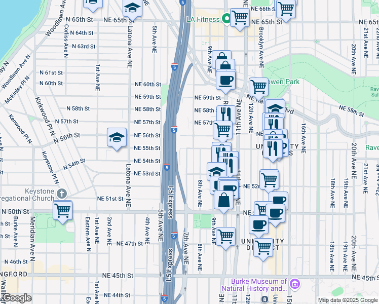 map of restaurants, bars, coffee shops, grocery stores, and more near 701 Northeast 55th Street in Seattle