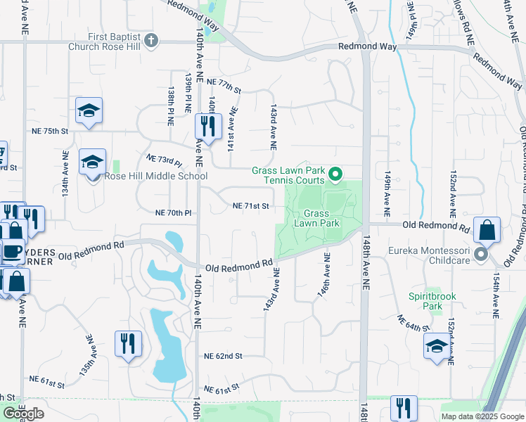 map of restaurants, bars, coffee shops, grocery stores, and more near 7010 142nd Place Northeast in Redmond