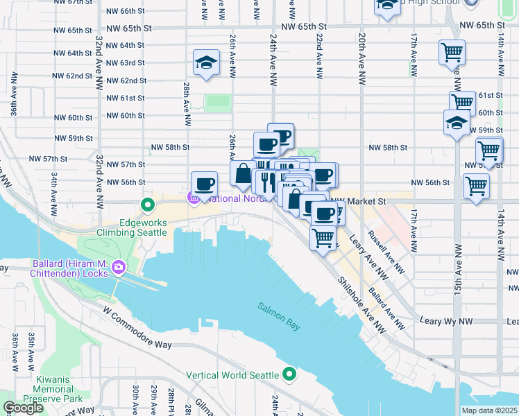 map of restaurants, bars, coffee shops, grocery stores, and more near 2417 Northwest Market Street in Seattle
