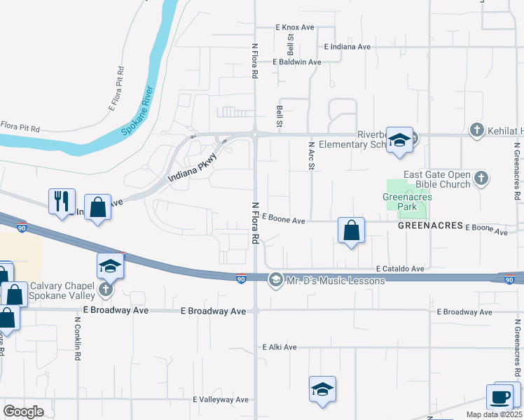 map of restaurants, bars, coffee shops, grocery stores, and more near 17203 East Boone Avenue in Spokane Valley